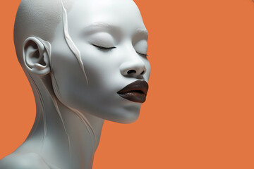 Surreal albino woman with closed eyes on vibrant orange background. 