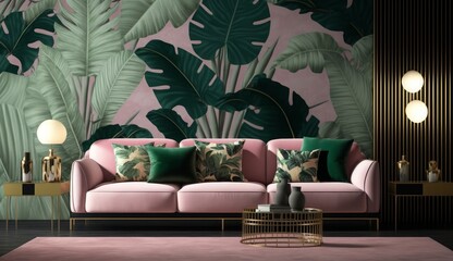 Modern luxury living room design and wallpaper decoration of tropical plant leaves with green color, pink background, sofa panels with tables, lighting, Generative AI