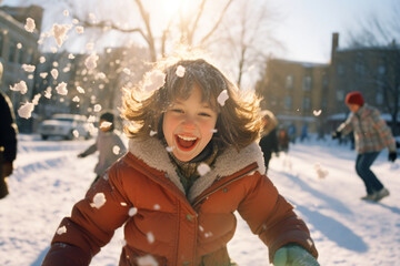 Fototapeta na wymiar Children have fun playing in the snow