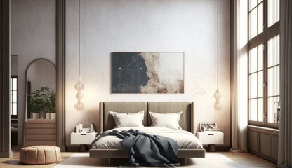 Luxury bedroom interior with minimal decor, loft style, Generative AI