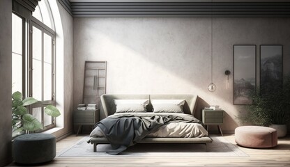 Luxury bedroom interior with minimal decor, loft style, Generative AI