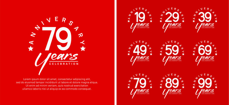 set of anniversary logo flat white color number and white text on red background for celebration