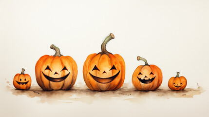 Halloween Jack-O-Lantern Pumpkin Watercolor Concept - Simple and Minimalist Isolated on White and Cream Background - Children's Illustration Art Style with Copy Space