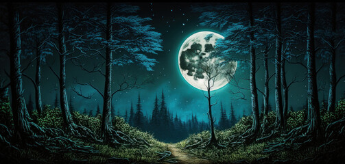 wallpaper of forest at night with the bright moon and trees in an enchanting landscape, Generative AI