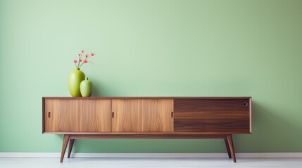 Nice minimalistic wood table with rose flowers on a green pastel wall.