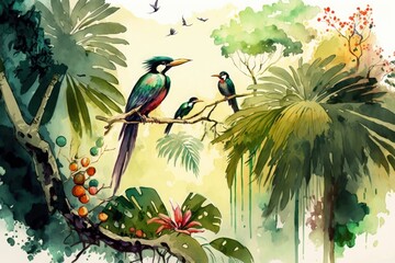 Watercolor style landscape on a tropical forest with trees, palms and branches standing on it, colorful birds, fruits and fruits, Generative AI