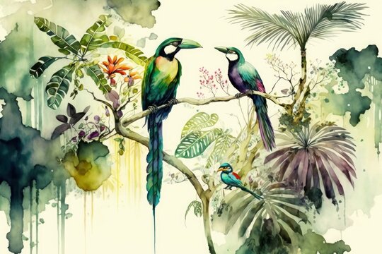 Watercolor style landscape on a tropical forest with trees, palms and branches standing on it, colorful birds, fruits and fruits, Generative AI