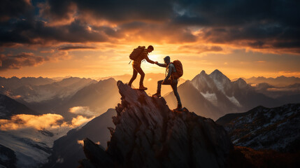 Hiker helping friend reach the mountain top - obrazy, fototapety, plakaty