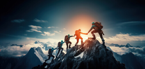 Team of mountain climbers helping each other reach the top of the mountain