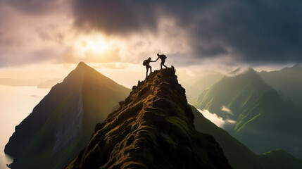 Hiker helping friend reach the mountain top in spectacular landscape