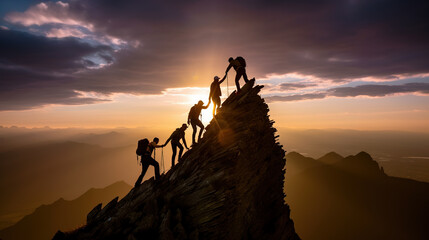 Fototapeta premium Team of mountain climbers helping each other reach the top of the mountain
