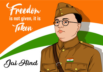 Vector illustration poster of Netaji Subhash Chandra Bose on Indian tricolor flag background. subhash chandra bose jayanti, netaji subhash chandra bose jayanti, subhas chandra bose jayanti, netaji sub