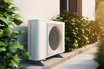 Air source heat pump installed at residential building outdoors