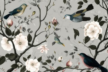 Wallpaper of flowers, leaves and branches with birds and grey background, Generative AI