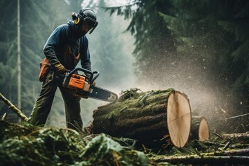 Man cutting down big trees. Generate Ai
