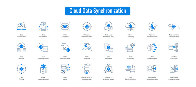 Cloud Data Synchronization Icons for SaaS, IaaS, PaaS, and More. Vector Editable Stroke.