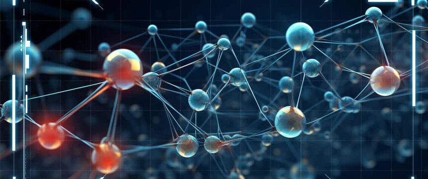 Anamorphic video abstract spheres molecular structure neural network. Blockchain and artificial intelligence concept. 3d animation.