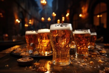 Beer mugs on table and people drinking beer in party on background. Generative AI