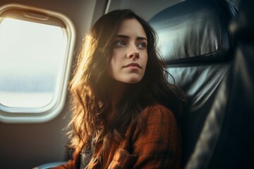 Fototapeta na wymiar Woman passenger airplane window. Generate Ai