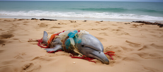 a dolphin tangled in plastic bags and ropes is washed up on the beach, sea pollution