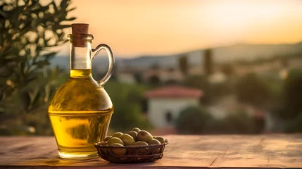 Gordijnen A bottle of olive oil on a wooden table against the backdrop of a Mediterranean village in sunset light. Mockup, copy space © Marina