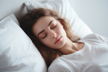 Obraz na płótnie Canvas Young woman sleeping on white pillow. Generate Ai