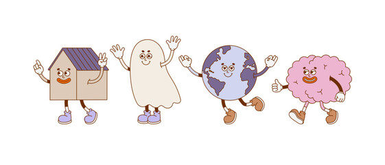 The hand-drawn retro character of a house, ghost, planet, brain. Vector illustration in trendy retro cartoon style. 