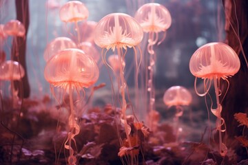 pink glass futuristic jellyfish mushrooms in a magical forest fairy