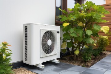 Air source heat pump installed at residential building outdoors