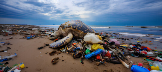 a turtle tangled in plastic bags and ropes is washed up on the beach, sea pollution
