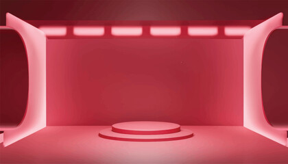 Vector Realistic red maroon, Pink abstract studio room with realistic pedestal podium and glowing ceiling light. Abstract minimal wall scene for mock up products display, Stage for showcase.