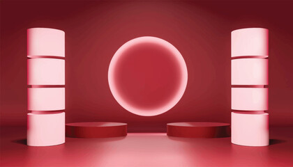 Vector Realistic red maroon, Pink abstract studio room with realistic pedestal podium and glowing ceiling light. Abstract minimal wall scene for mock up products display, Stage for showcase.