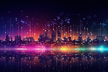 Smart city and big data connection technology, abstract line connection on night city background, communication network concept, Data storage, service, online, financial, Connectivity global
