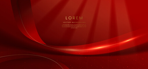Abstract red ribbon shape on red background with lighting effect and copy space for text. Luxury design style.