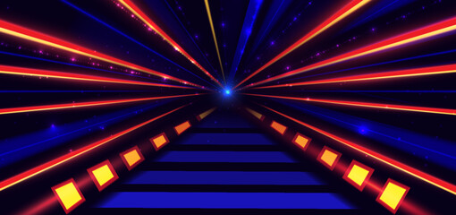 Fototapeta premium Abstract technology futuristic glowing neon blue and red light ray with speed motion movingon dark blue background.