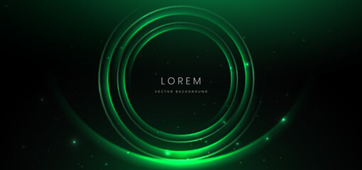 Abstract technology futuristic neon circle glowing green light lines with speed motion blur effect on dark green background.