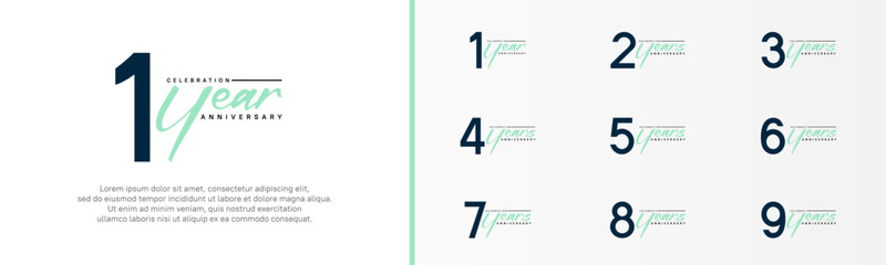 set of anniversary logo dark blue color number and green text on white background for celebration