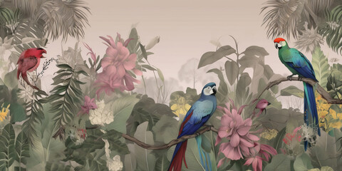 Wallpaper tropical branches palm tree plants flower and parrot Birds and peacocks, Generative AI