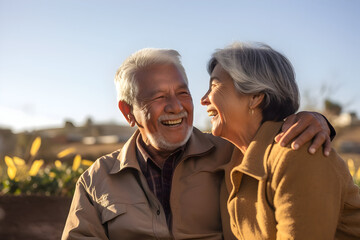 A senior Hispanic couple is relishing the outdoors, their deep affection evident, embodying the contentment of a Latin American immigrant's retirement