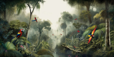 Fototapeta na wymiar Wallpaper of a natural landscape of rainforests of trees and palms, in consistent colors with birds, butterflies, parrots and flamingos, Generative AI