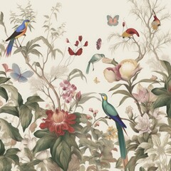 wallpaper vintage jungle pattern with birds plants and flowers and dark blue background, Generative AI