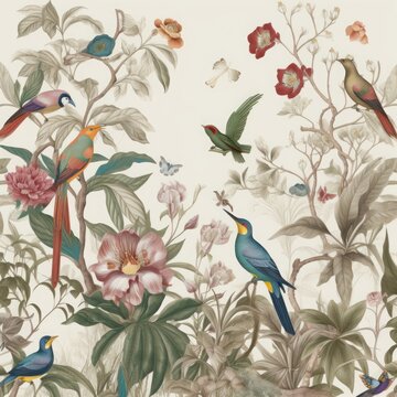 wallpaper vintage jungle pattern with birds plants and flowers and dark blue background, Generative AI