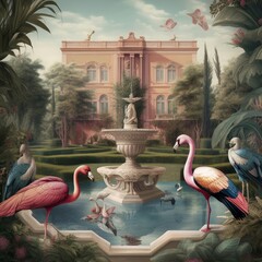 Wallpaper landscape garden of an old mansion with a garden with trees, flowers, a fountain with flamingos, birds and butterflies, Generative AI