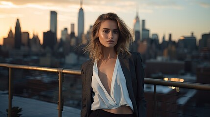 Obraz premium Model dressed in high-end fashion, perched on a rooftop with the city skyline in the background