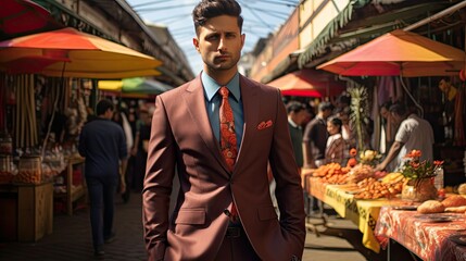 Model in a sleek suit, within a bustling outdoor market with vibrant colors
