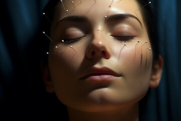 Young woman undergoing acupuncture face. Generate Ai