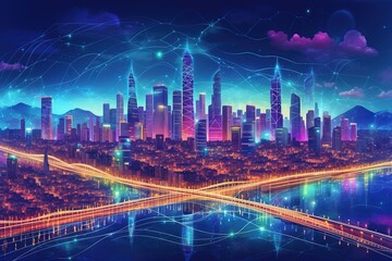 Fototapeta na wymiar Smart city and big data connection technology, abstract line connection on night city background, communication network concept, Data storage, service, online, financial, Connectivity global