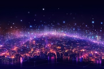 Smart city and big data connection technology, abstract line connection on night city background, communication network concept, Data storage, service, online, financial, Connectivity global