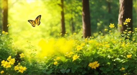 Fototapete Spring yellow flower forest with a butterfly, sunset peace landscape © raul