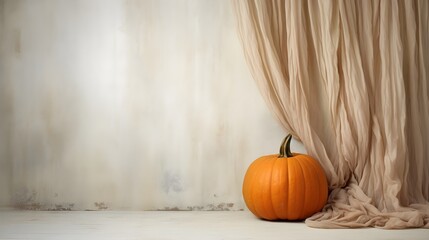 A Cozy Autumn Scene: A Photo of a Pumpkin on a Wooden Floor with a Light Peach Curtain Generative AI